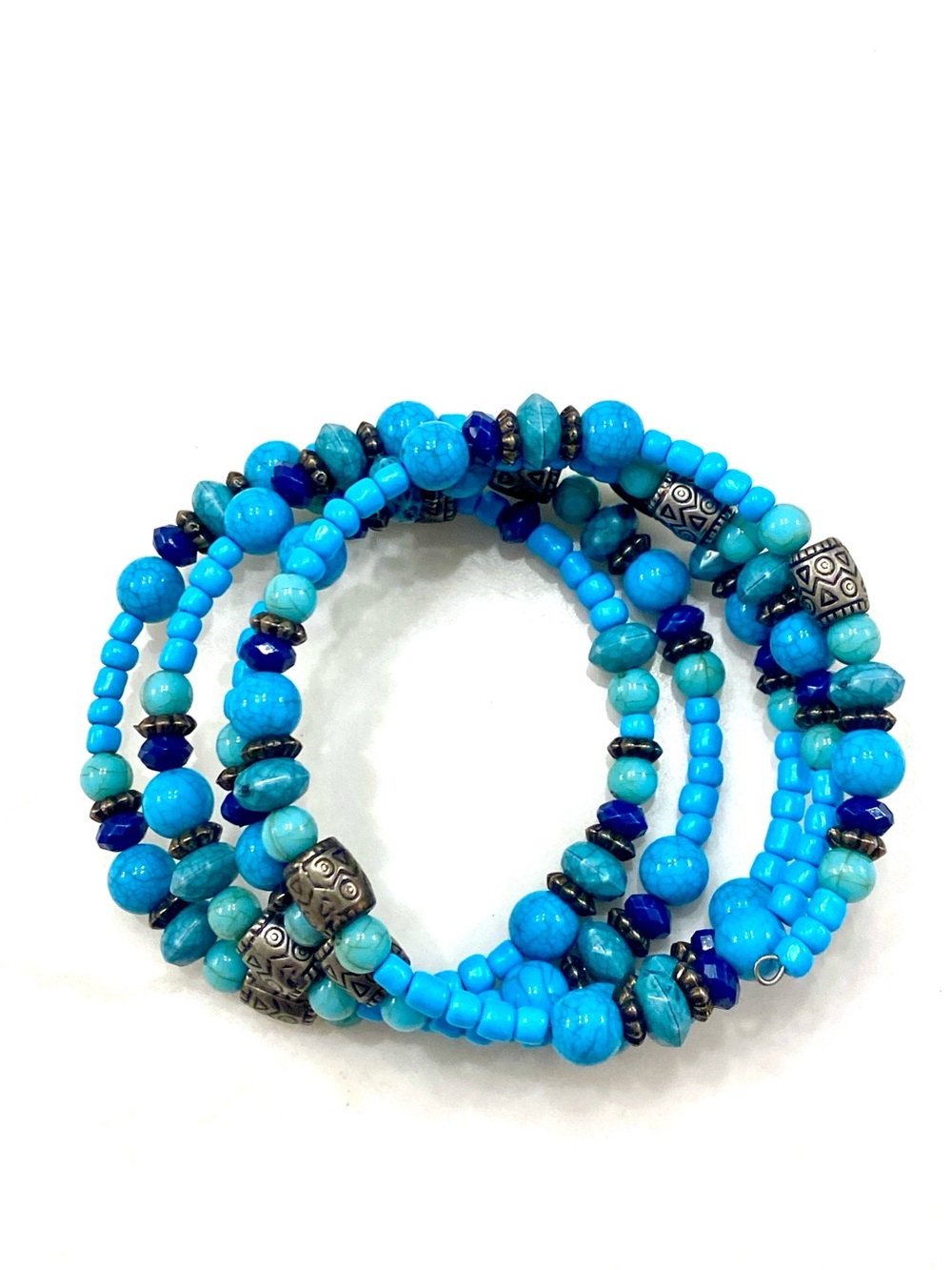 Retro Turquoise Blue Marbled Bead Multi Tier Spiral Wrap Memory Wire Bracelet